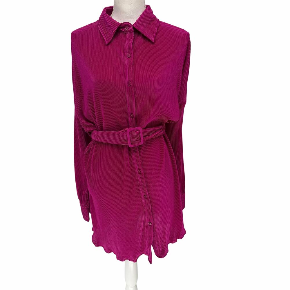 Le Lis Cranberry Belted Long Sleeve Pleated Mini Shirt Dress Medium
